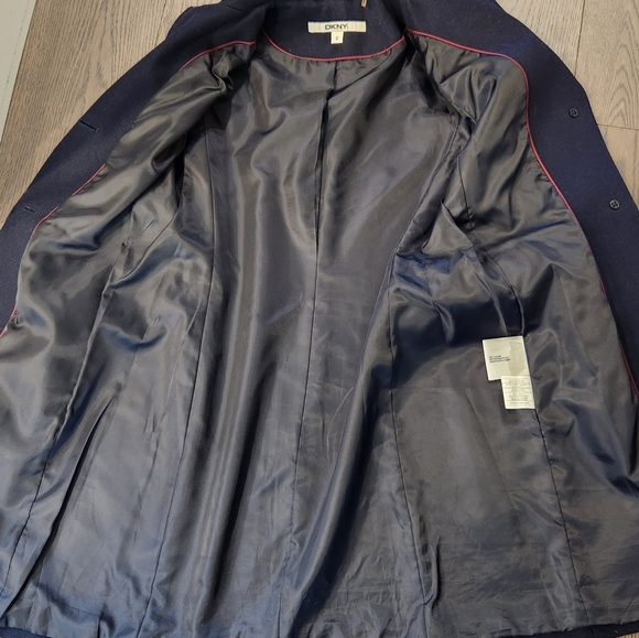 DKNY Wool Blend Coat with Faux Leather Details, Navy Blue, Size US 6 - Picture 10 of 11